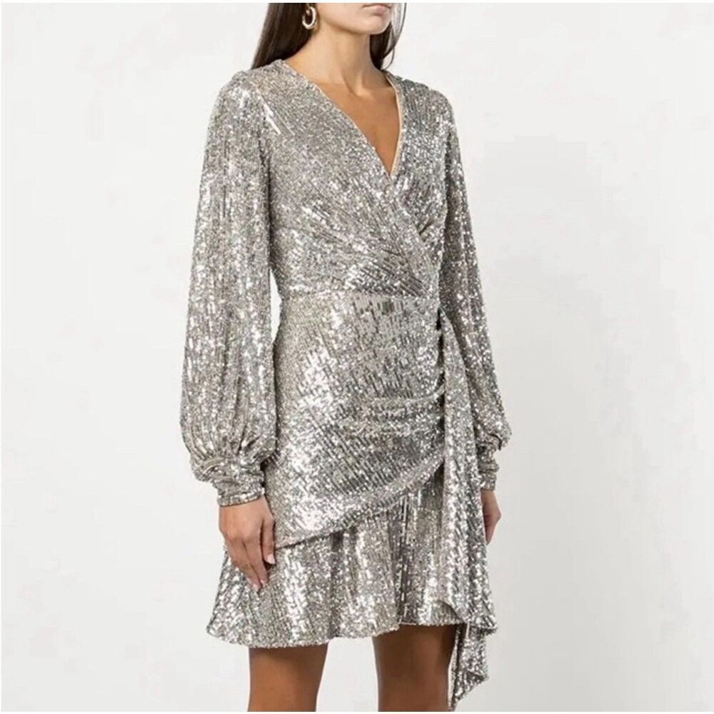 Sachin & Babi NWT Silver Sequin Delaney Mini Dress Size 2 Mock Wrap Sparkle Prom